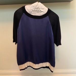 Alpha Studio 100% Silk Blouse with Black Sleeves and White Hem